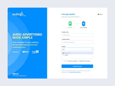 AudioGO - Sign UP advertising audio advertising audiogo blue company information dsp industry selection signin signup signup page signupform smb split layout wizzard