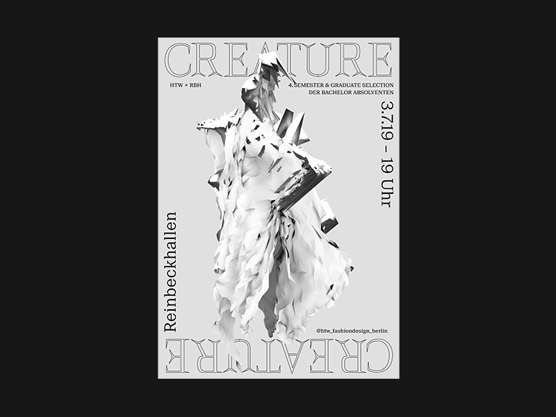 CREATURE | Fashionshow Poster 3d rendering typography typografie blender plakat poster bachelor rbh htw modedesign mode fashiondesign fashion creature