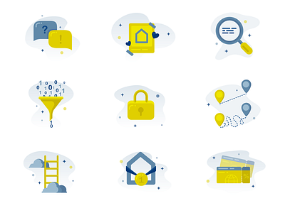 Icons for a digitalisation presentation contact design filter flat goal icon icons illustration likes lock optimize search travel vector winner