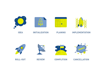 Project status icons blueprint calendar cancellation complition explosion flat icon icons idea illustration implementation initialisation moon planing review rocket roll out vector