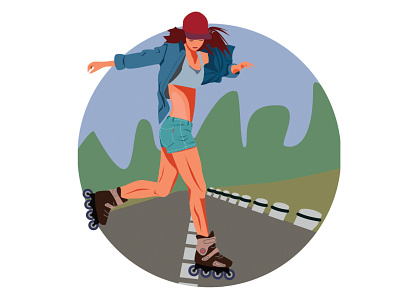 girl on roller skates illustration logo движение девушка дорога кепка лес небо ролики спорт