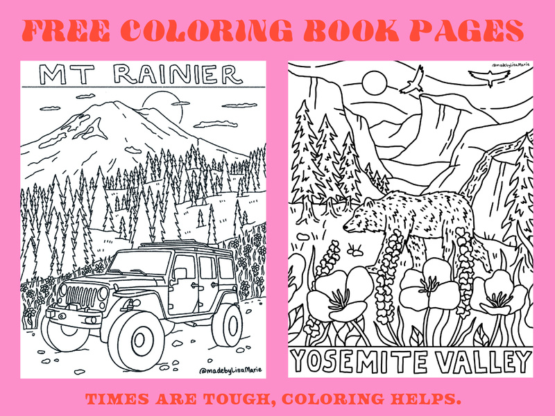 Free Coloring Book Pages bear california color book page coloring book flowers hand drawn illustration jeep line art merch design mountains mt rainier mural nature nature illustration outdoors pnw trees washington yosemite