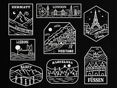 Worldwide City Patches badge logo badgedesign badges banff barcelona city fussen illustration lisbon london paris patches positano travel vector illustration zermatt