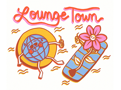 Lounge Town Illustration branding earth floating flower illustration hand lettering illustration lazy river lounging nature outdoors pool simple summer 2020 t shirt