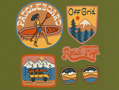 Road Trip Travel Illustration Badges adobe fresco adventure badge branding handlettering illustrated badges illustration jeep wrangler merch design mountains off grid outdoors outdoorsy roadtrip