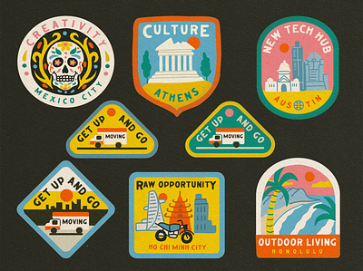 "Work Remotely" World City Badges athens austin badge illustration badges city guide city illustration cityscape editorial illustration entrepreneur ho chi minh city honolulu mexico city patches remote work remote working travel wes anderson wfh