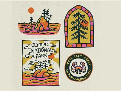 Olympic National Park Illustrations badges beach branding crab illustration merch design mountains ocean olympia pacific northwest pnw retro seattle tree washington