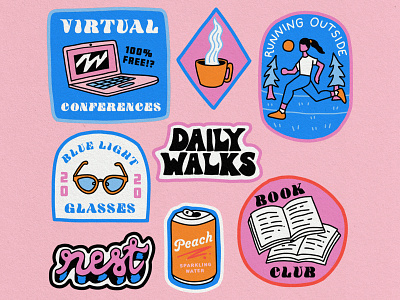 Work From Home badges: October edition! badge badgedesign book club bright gif healthy lifestyle illustration lettering mental health patch playful quarantine running self care stickers virtual work from home