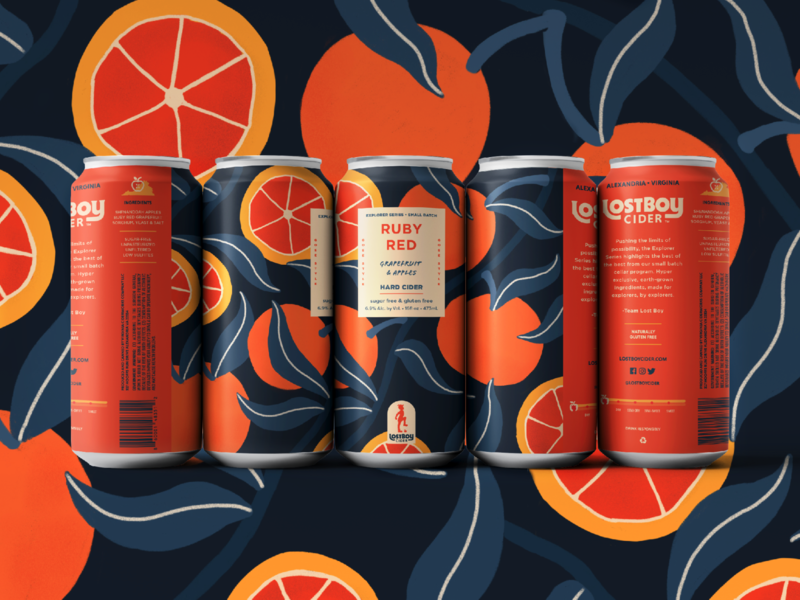 Lostboy Cider February Can: Ruby Red beverage beverage packaging branding can design cider craft cider food fruit grapefruit illustration label merch oranges package design packaging wrapping paper