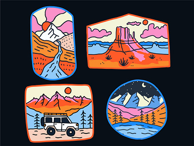 Colorful Adventure Badges adventure badge branding colorful desert drawing hiking illustration jeep land rover landscape merch design mountains nature outdoors overlander patch stream t shirt trails