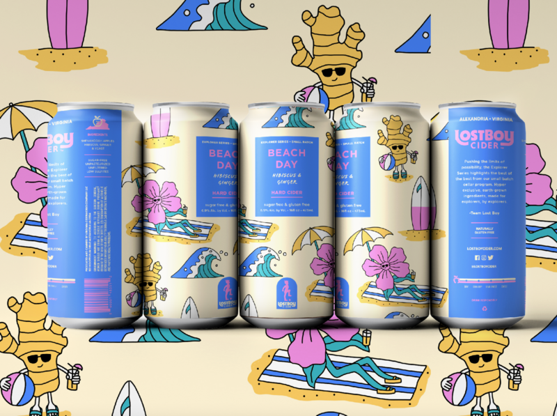 Lostboy Cider July Can: Beach Day beach beer label branding cider cider label drink ginger hibiscus illustration label ocean packaging packaging design summer wave