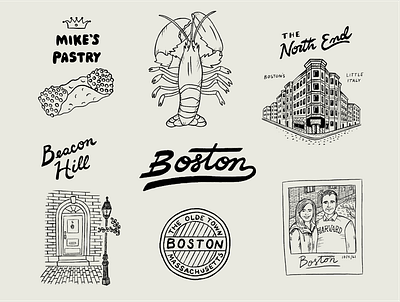 Boston Travel Illustrations badge design boston branding cannoli city cobblestone hand lettering illustration italy lobster logo merch design travel