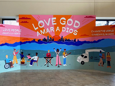 Willow Creek Church Mural campfire character design chicago church city community ill illustration landscape lettering mountains mural outdoors people sunset worship