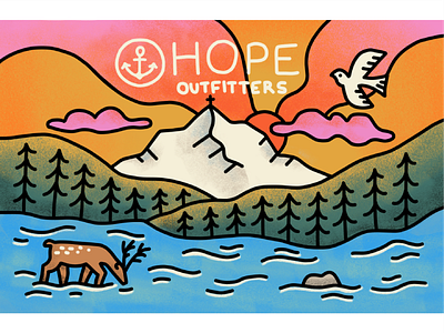 PNW Themed gift cards for Hope Outfitters adventure animals bear gift card hiking illustration landscape merch design mountain nature outdoors pnw stars sunset wild life