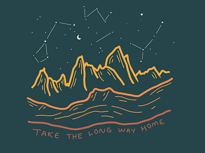 "Take The Long Way Home" Illustration adobe draw constellation hand drawn illustration landscape mountains nature night sky outdoors patagonia t shirt design