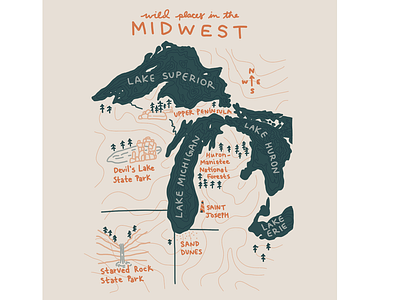 Wild Places in the Midwest devils lake great lakes illinois illustration indiana lake erie lake huron lake michigan lake superior map michigan midwest starved rock topographic map wisconsin