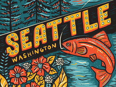 Detail shot of Seattle Drawing city hand lettering mountains mt rainier pacific northwest pikes place market pnw puget sound retro salmon seattle space needle travel poster washington state