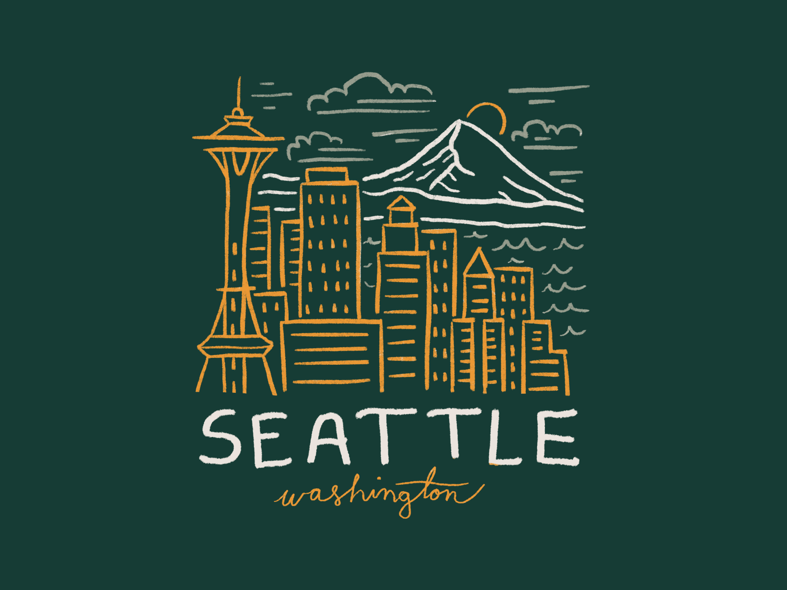 Seattle Gif animation city illustration cityscape design drawing dribbbleweeklywarmup gif illustration landscape line art mountains mt rainier pacific northwest pnw puget sound seattle space needle