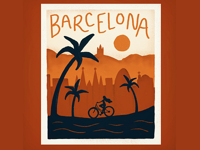 Barcelona Travel Illustration & Gif barcelona bcn biking catalunya city poster cycling europe gif gif animation graphic design hand lettering illustration la sagrada familia mountains palm trees spain travel