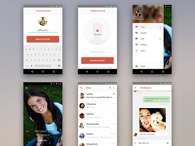 Unravel Android Screens android app chat dating material minimal photos profile red simple social ui