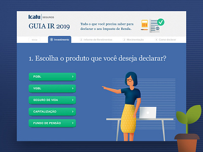 Guia IR Icatu Seguros button character finance illustration instructions survey ui ux uxdesign vector website