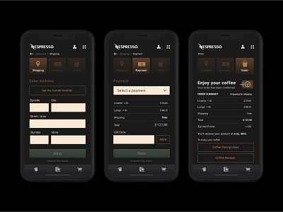 Nespresso website redesign – Mobile (concept) chechkout coffee dark dark ui e commerce iphone mobile order payment shipping shop shopping ui