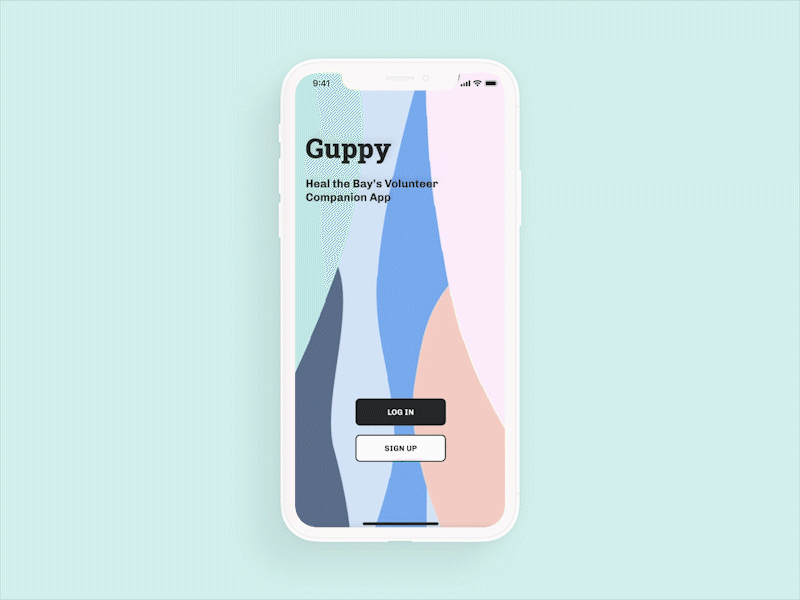 Guppy - A volunteer companion app animation app beach cleanup climate change coast coastal design interaction design login login screen mobile mobile app design mobile ui sign up signup ui volunteer volunteering