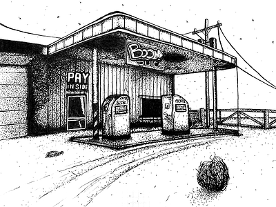 Boom Juice Dino Juice americana diner dirt gas handdrawn station stipple tumbleweed