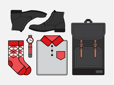 It's My Friday Outfit bag flat flat design illustration polo red shirt shoes socks vector watch