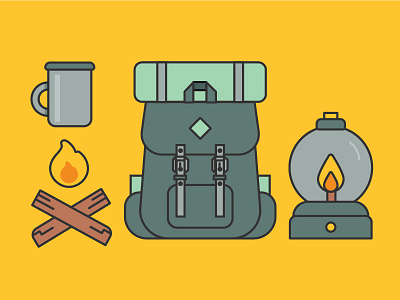 Camping bag camping fire flat illustration lamp woods