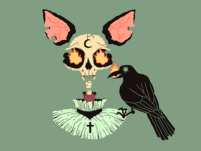 Hello Kitty cat crow flat halloween illustration procreate skull