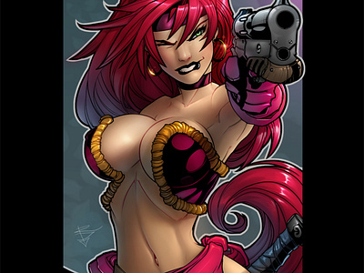 Red Monika battlechasers comics guns joemad pinup girl