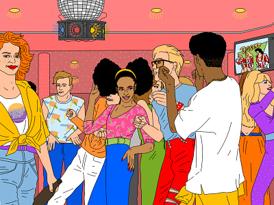 Chicago 80s dance scene 80s barscene chicago club colorful dance dance party disco editorial editorial illustration style