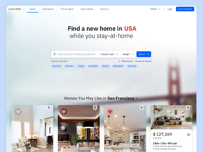 Property Listing Website animation cards ui flat homepage listing motion real estate search bar ui website websites white