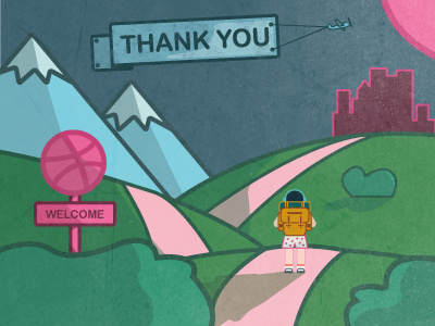 Welcome to Dribbble Town backpack dribbble invite landscape moon night sign thank you town travel wanderer welcome