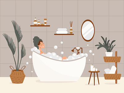 Woman taking a bath bath bathroom bathtub body bubbles candles care character cozy digitalart enjoy flat illustration foam girl relax romantic atmosphere shower spa vector woman