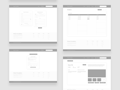 Wireframes for Miriam Foundation 2d blackandwhite design ecommerce graphic homepage interactive landing page payment flow sign in web design web development website wireframe