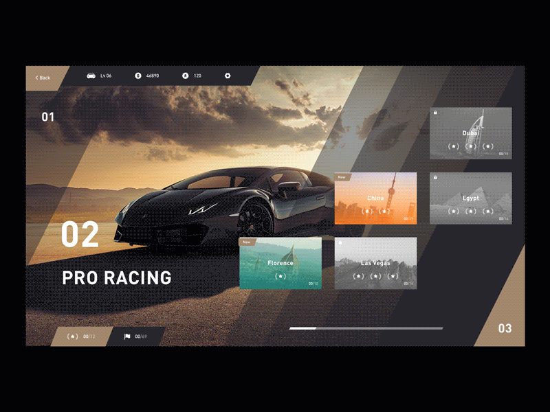 Racing Game animation car dark design game layout modern ui