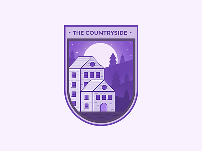 The Countryside badge building church country hills house illustration moon mountain starts trees villa