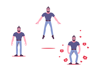 illustration of a man for animation on youtube animation button cartoon character design drawing emotion flat game heart jump like man people peoples poses social media ui vector youtube