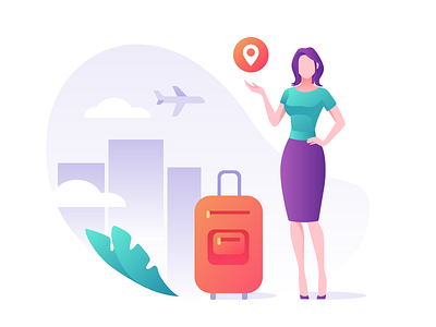 Travels airplane bag branding character cloud girl icon illustration iphone maps people purple template travel ui urban vector