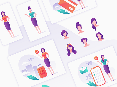 Purple set avatar character clothes design face game hair icon illustration landing people set site template ui ux vector woman