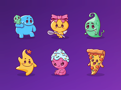 Characters for mobile game (part2) 2d 2d character animal branding cartoon character cute design education emoji game game art icon illustrator mobile app monster pizza set stickers vector