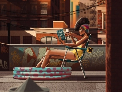 Hot summer afternoon afternoon buildings city cityscape girl hot illustration mood reading relaxing rooftop sunbathing sunset vector