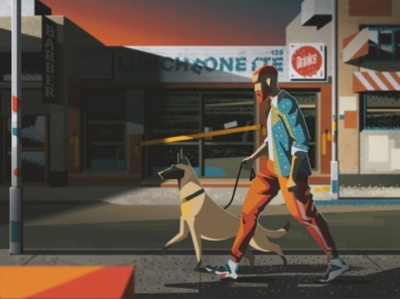 Taking a walk with man’s best friend abandoned afternoon animal building buildings dog empty hipster illustration man mood pat streets sunlight sunset town vector walking