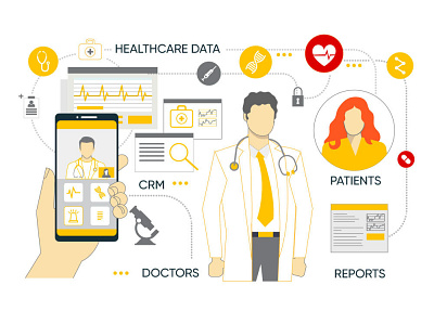 The work of medical CRMs appdevelopment applications character crm doctors figma graphicdesgn grey healthcare healthcare app illustration iot medical medical design mobile software development style yellow