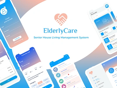 ElderlyCare - senior house living management system appdevelopment blue concept crm design elder figma healthcare joy lilac mobileapp mobiledesign modesty peach pink seniorhouse upplabs white