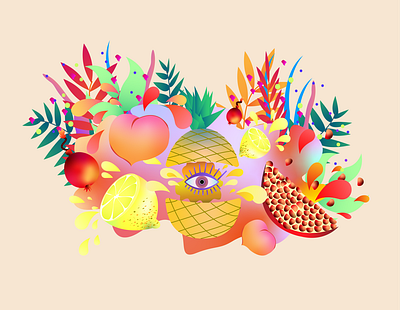 JUICY FRUITY colorful fruit fruits juicy lemon peach pineapple pomegranate