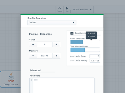 Pipeline Run Config Modal code code input configs configuration data data pipeline enterprise modal saas saas app stepper