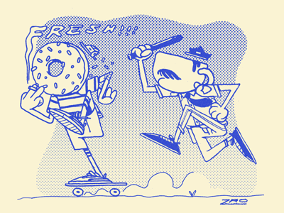 breaking the law character design coffee cop donnut halftone police skate